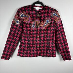 Anne Crimmins UMI Women's 10 Pink Multicolor Houndstooth 100% Silk Blazer Jacket